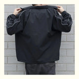 Riolio Jackets Men Autumn Pockets Casual Patchwork Loose Windbreaker Stripe Zipper Stand Collar Waterproof Outdoor Sports Bomber Jacket
