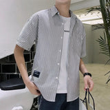 Riolio  Men Summer Short Sleeve Casual Shirt Loose Fit Korean Style Striped Hong Kong Fashion Shirt Jacket for Daily Outdoor Wear