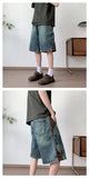 Riolio Mens Loose Fit Summer Denim Shorts Elastic Waist Washed Blue Side Personality Design Casual Comfortable Fashion Trendy Outdoor