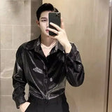 Riolio  Men's Shirts Autumn Long-sleeved Liquid Metal Changeable Shiny Buttons Shirt Fashion Women Turndown Collar Single-breasted Tops
