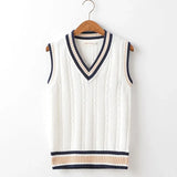 Riolio  Striped White Knitted Sweaters for Men Blue Sleeveless Man Clothes V Neck Vest Red Waistcoat Jumpers Sweat-shirt Cigaret Cotton