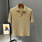 Riolio  Trendy Striped Men V Neck Polo Shirt Summer Fashion Short Sleeve Casual Tops High-End New Design Comfortable Wear