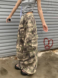 Riolio Women's Camouflage Pattern Drawstring Design Thin Pants Girl Street Fashion Bottoms Female High Waist Straight Wide-leg Trousers