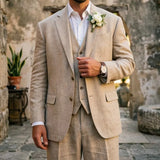 Riolio  Men Suits 3 Pieces Beige Linen For Summer Wedding Tuxedo Slim Fit V Neck Vest Formal Suit With Flap Pockets For Party Occasion