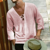 Riolio  New Summer Men's Long Sleeved Oversized T-shirt Linen Clothes V Neck Lace-up Loose Top Tee Male Shirt Beach Casual Pullover