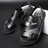 Riolio Comfortable Men's Sandals Solid Color Open Toe Mens Leather Sandals New Slippers Beach for Male Leather Footwear