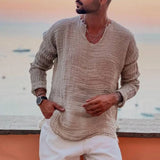 Riolio Men V-neck Long Sleeve Shirt Tops Burr Edge Pleated Loose Thin Pullover Tops Streetwear Spring Autumn Casual Handsome Men Shirts