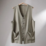 Riolio  Men's Linen Vest Summer Chinese Style Frog Button V Neck Sleeveless Loose Casual Waistcoat