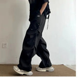 Riolio  Boyfriend Men's Clothing Trousers Cargo Wide Leg Solid Color Elastic High Waist Pockets Spring Autumn High Street England Pants