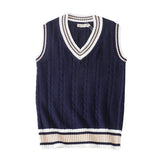 Riolio Sweater Vest Men Thicken V-neck Sleeveless Knitted Sweaters Vests Striped Retro Preppy-style Simple Chic Loose Casual All-match