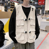 Riolio  Men's Retro Military Vest Loose Fit 100% Cotton Jacket with Multiple Pockets Japanese Hip Hop Streetwear for Outdoor Activities