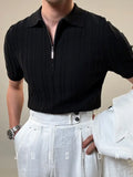 Riolio Zipper Knitted Short-sleeved Polo Shirt Men Summer American Retro Commuting Loose Vertical Striped Pit Strip Lapel T-shirt Men