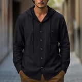 Riolio  Men's Casual Button Down Hooded Shirt Long Sleeve Cotton Blend Drawstring Top with Pocket