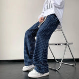 Plaid Pants Men Fashion Retro Hollow Out Pants Men Streetwear Hip-hop Loose Hole Straight Pants Mens Trousers