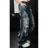 Riolio Mens Loose Fit Straight Leg Jeans Dark Blue Ripped Distressed Trendy Streetwear Fashion Casual Urban Denim Pants Hip Hop Style