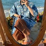 Riolio Floral Denim Shirts Men Summer Holiday Handsome Baggy Tops Vintage Streetwear Fashion All-match Pockets Beach Style New Рубашка