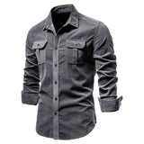 Riolio New Single Breasted 100% Cotton Men's Shirt Business Casual Fashion Solid Color Corduroy Men Shirts Autumn Slim Shirt Men