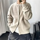 Riolio Man Clothes Round Collar Plain Knitted Sweaters for Men Crewneck Solid Color Cardigan Green Black Japanese Harajuku Fashion Neck