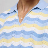 Riolio  Fashionable Hollow Out Knitting Mens Polo Shirt Summer Casual Turn-down Collar Short Sleeve Tops Men Stylish Striped Polo Shirts