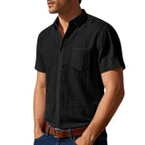 Riolio Summer New Solid Color Linen Men's Shirt Turn-down Collar Short Sleeve Men's Loose Casual Pocket Outdoor Vacation Shirt