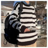 Riolio  Round neck casual and fashionable knit sweater trendy and popular winter pullover for men loose fit long sleeves striped
