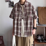 Riolio  New Men's Color-blocking Retro Plaid Shirt Lapel Teenager