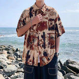 Riolio American high street men and women trendy personalized printed vacation shirts for couples loose beach casual short sleeves y2k