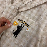 Riolio New Summer Retro American Men and Women Trendy Plaid Collar Short Sleeve College Casual Shirt Embroidered Plaid Loose Casual y2k