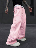 Riolio  Pink Frayed Wide-Leg All-Season Cargo Denim Jeans
