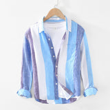 Long Sleeve Striped Patchwork Shirt for Men Turn Down Collar Casual Classical Tops Male Oversized Button Up Shirt