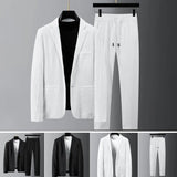 Riolio 2Pcs Men Blazer Pants Set Spring Fashion Suit Stripe Pleats Long Sleeve Turndown Collar Jacket Drawstring Trousers for Wedding