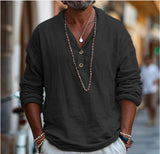 Riolio  Men's Linen Cotton Henley Hoodie Shirt Long Sleeve V Neck Casual Summer Beach Shirt Loose Fit