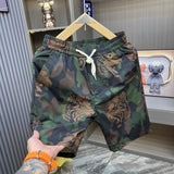Riolio  Camouflage Tiger Pattern Men Fashionable Breathable Dark Green Waist Drawstring Beach Shorts