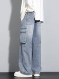 Riolio  New Men's Baggy Straight Cargo Jeans Elastic Waist Vintage Blue Black Smoky gray Denim Pants Fashion High Street Male Trousers