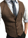 Riolio Men's Formal Suit Vest V-Neck Tweed Herringbone Waistcoat Business Dress Suit Vests for Wedding
