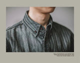 Riolio Retro Vertical Striped Denim Shirt Heavy American Casual Vintage Workwear Clothes Washing Old Pockets Long-sleeve Shirt
