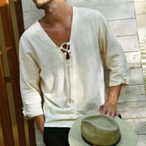 Riolio  New Summer Men's Long Sleeved Oversized T-shirt Linen Clothes V Neck Lace-up Loose Top Tee Male Shirt Beach Casual Pullover