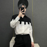 Riolio  Unisex Black White Color Block Shirt Long Sleeve Patchwork Button Front Shirt for Street Daily Wear