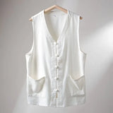 Riolio  Men's Linen Vest Summer Chinese Style Frog Button V Neck Sleeveless Loose Casual Waistcoat