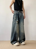 Riolio Hip hop American style men and women trendy personalized patchwork washed wide leg jeans for couples loose and lazy casual pants