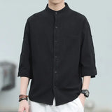 Riolio  Men's Vintage Casual Handsome Black White Cotton Linen Shirts Summer Trend Stand Collar Loose 3/4 Sleeve Tops Camisas De Hombre