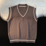 Riolio Sweater Vest Men Spring V-neck Japanese Vintage Striped College Knitted Fashion Loose All-match Ins Sleeveless Simple Clothing