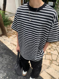 Riolio  Heavyweight Stripe Short Sleeve T-Shirt Unisex Loose Summer New Style Retro round Neck Casual Five-Quarter Sleeve Top
