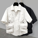 Riolio   Summer New Man Dark Cardigan Solid Color Short Sleeve Shirt Korean Trendy Safari Style Three-dimensional Pockets Ins