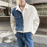 Riolio  Daily Streetwear Mens Denim Patchwork Shirt Clothes Fashion Turn-down Collar Long Sleeve Button Shirts For Men Fall Casual Tops