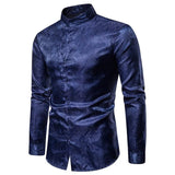 Riolio Dark Blue Silk Mens Shirts Long Sleeve Jacquard Shirt For Men Stand Collar Casual Stylish Wedding Party Office Slim Fit Tops