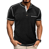 Riolio  Men's Grey Henley Neck Short Sleeve T-Shirt with Contrast Stitching Chest Pocket Casual Muscle Fit Top