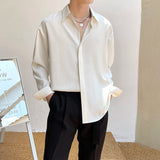 Riolio  New England Men's Shirt Advanced Luxury Silky Drape Shirt Long Sleeve Solid Color Hidden Button Loose Casual Inner Shirt