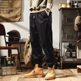 Riolio  Loose Fit Cotton Work Trousers for Men with Elastic Waist Baggy Outdoor Wear Resistant Cargo Pants Summer Autumn Seasonal Wear