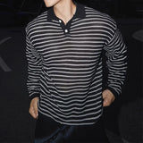 Riolio  Spring Fall Daily Casual Breathable Polo Shirt Men's Vintage Lapel Buttoned Knit Polo Shirts Fashion Striped Textured Mens Tops